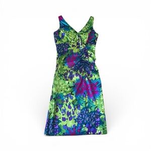 Evan Picone Floral Satin Dress Size 6 V-Neck Cocktail Wedding Guest Spring Dress
